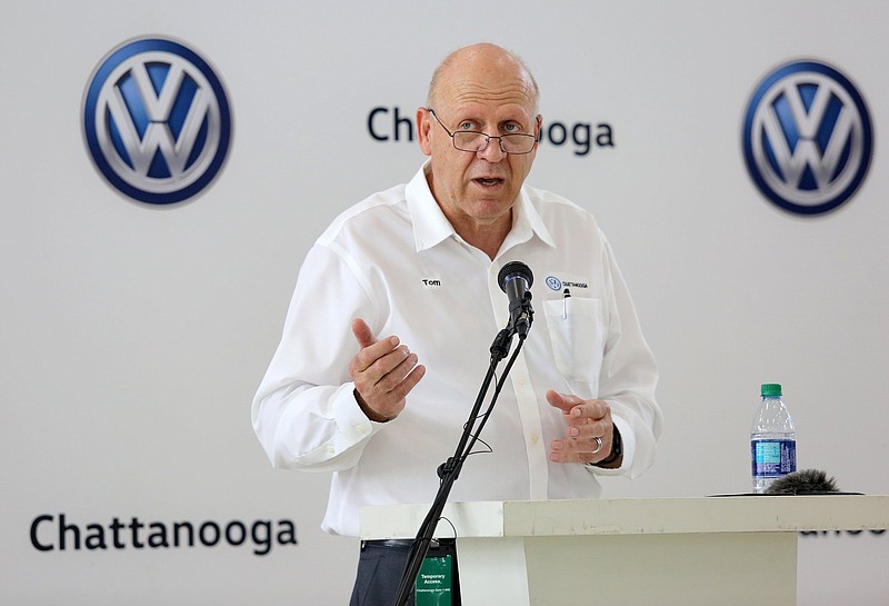 New Volkswagen Chattanooga CEO Tom du Plessis speaks during a press conference at the Volkswagen Academy in July.