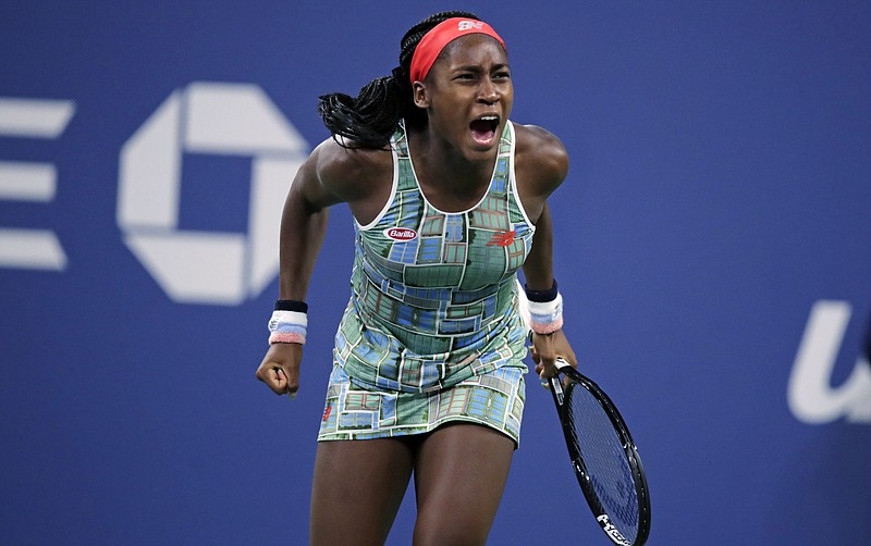 Associated Press photo by Charles Krupa / Coco Gauff celebrates after defeating Timea Babos during the second round of the U.S. Open on Thursday in New York. The 15-year-old American became a sudden star this summer at Wimbledon and is building another buzz at the year's final Grand Slam