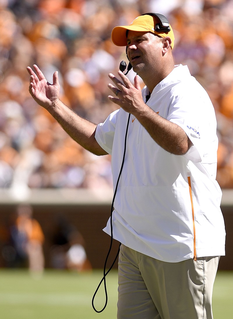 Staff Photo by Robin Rudd / Tennessee football coach Jeremy Pruitt expresses frustration with the Vols during Saturday's season-opening loss to Georgia State. Pruitt is in his second season leading the Vols, who went 5-7 last year.