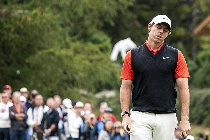 Associated Press photo by Alexandra Wey / Rory McIlroy reacts after missing a putt during the final round of the European Masters on Sunday in Crans-Montana, Switzerland.