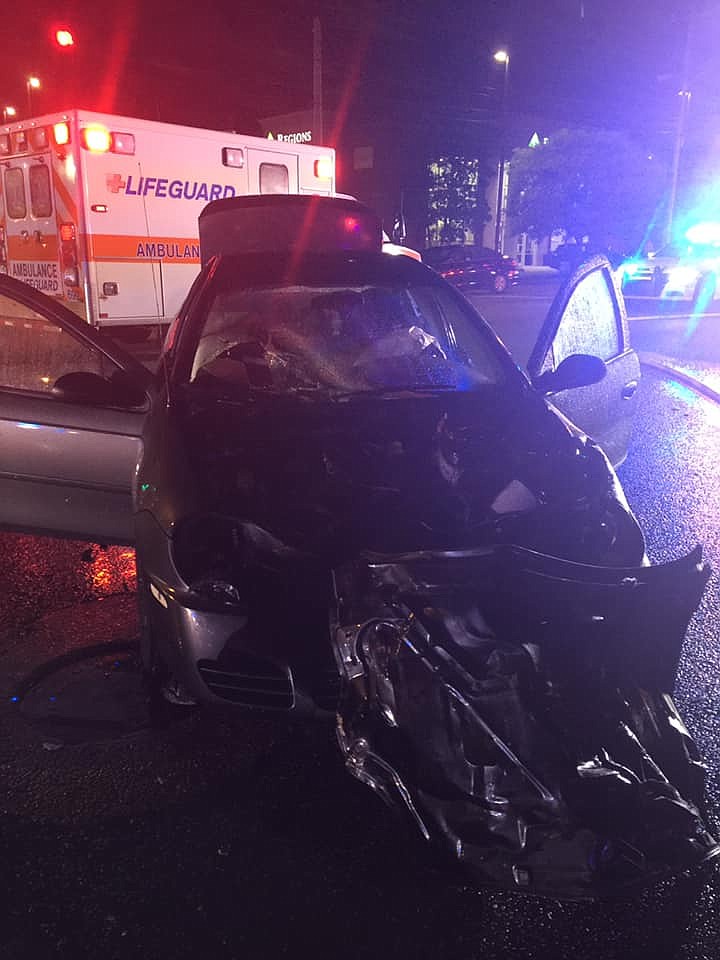 This vehicle was found "fully involved in fire" Tuesday evening following a collision at the intersection of South Moore and Ringgold roads, according to a news release from the East Ridge Fire Department. / Contributed photos / East Ridge Fire Department