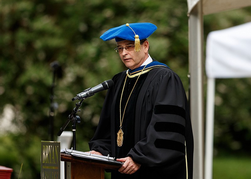 Staff photo by Doug Strickland / College President Stephen Livesay speaks during Bryan College's spring commencement ceremony on Saturday, May 4, 2019, in Dayton, Tenn. Gov. Bill Lee was awarded an honorary doctorate of humane letters during the ceremony. In his first commencement address as governor, Lee spoke about how his faith helped him overcome tragedy following the death of his first wife in a horseback riding accident.
