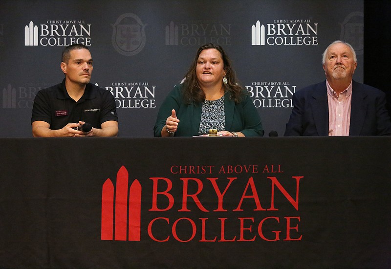 Staff photo by Erin O. Smith / From left, David Haggard, director of financial aid, Adina Scruggs, associate vice president of academics, and Mike Keen, athletic director, answer questions during a press conference following the announcement of a tuition decrease Wednesday, September 4, 2019 at Bryan College in Dayton, Tennessee. The school is reducing tuition by about 40% starting next year. 
