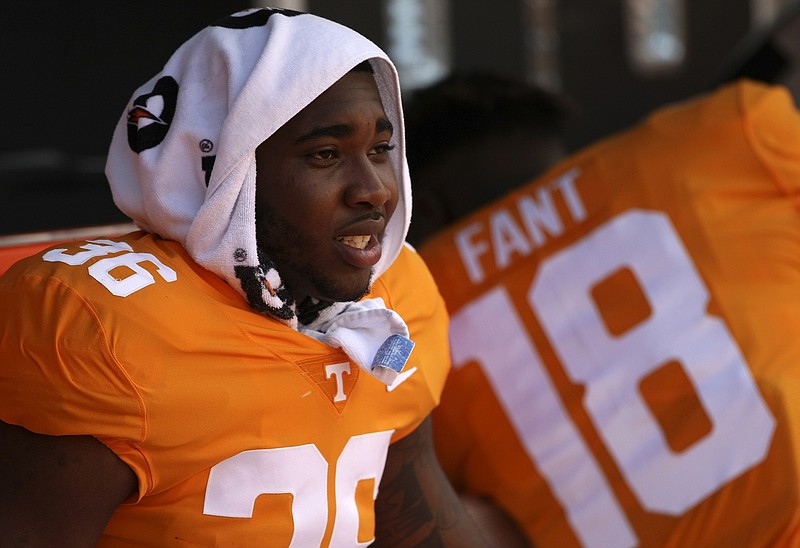 Staff photo by C.B. Schmelter / Defensive back Terrell Bailey sits on the bench during Tennessee's home game against South Carolina in October 2017.