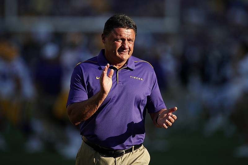 Associated Press photo by Tyler Kaufman / LSU football coach Ed Orgeron led his team to a 55-3 victory over Georgia Southern to start the season last week, but on Saturday night the sixth-ranked Tigers will visit No. 9 Texas.