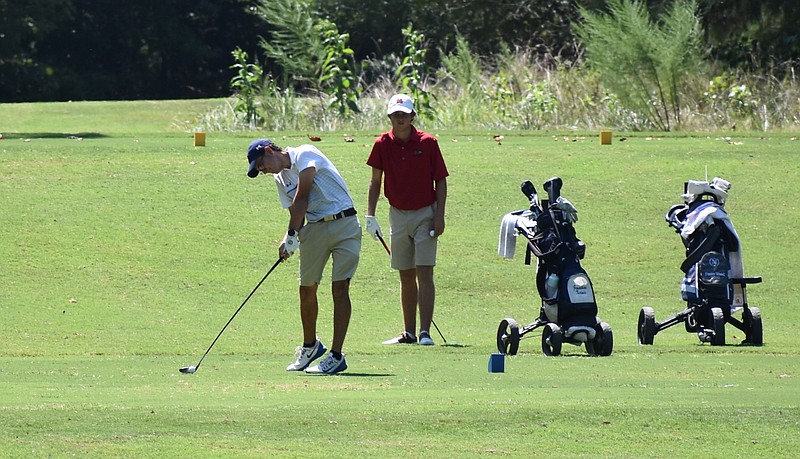 Staff photo by Patrick MacCoon / Chattanooga Christian School's Jonathan Xoinis tees off on No. 18 at Bear Trace at Harrison Bay on Wednesday during the City Prep golf tournament. Xoinis shot a 6-under 66 to repeat as the boys' champion.