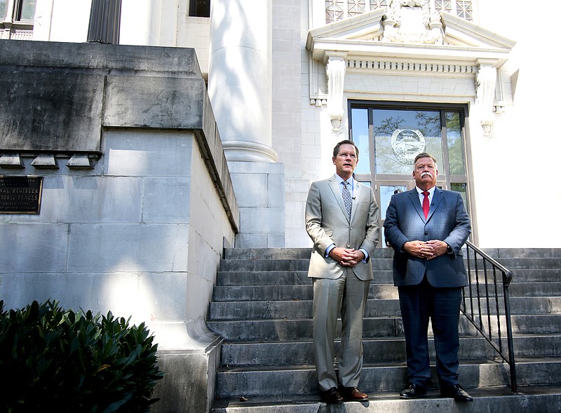 Staff photo by Erin O. Smith / Tennessee House Speaker Cameron Sexton and Hamilton County Mayor Jim Coppinger speak during a press conference at the Hamilton County Courthouse Thursday, September 5, 2019 in Chattanooga, Tennessee.