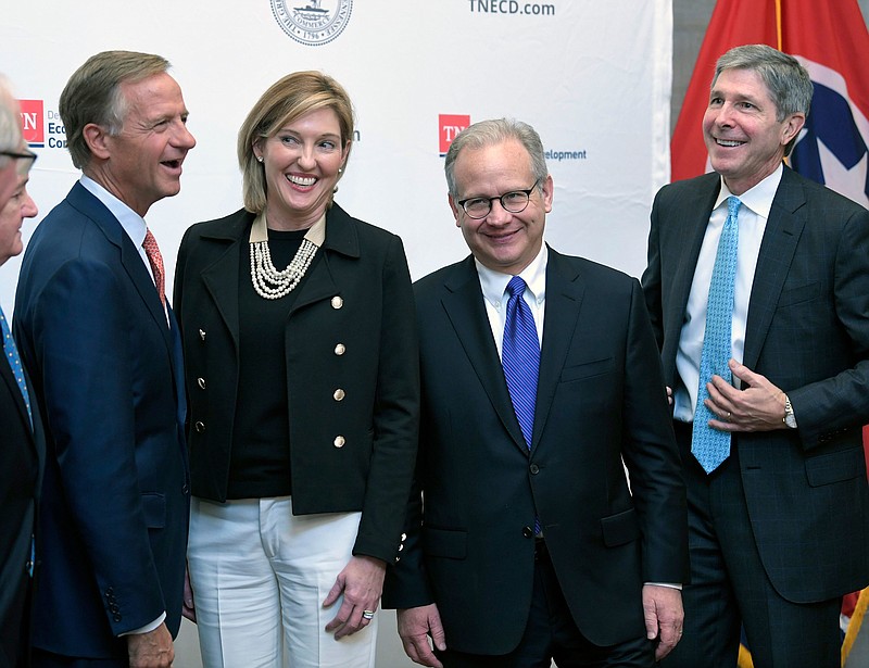 Contributed Photo / Nashville Mayor David Briley, second from right, laughs with, from left, then-Gov. Bill Haslam, Amazon's Holly Sullivan and Tennessee Economic Development Commissioner Bob Rolfe after Amazon announced Nashville would be getting a significant Amazon center last November.