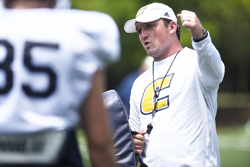 Staff Photo by Robin Rudd / UTC tight ends coach Jacob Huesman is quite familiar with the Jacksonville State football program. The former Mocs quarterback faced the Gamecocks twice in his senior season, with UTC losing both games.