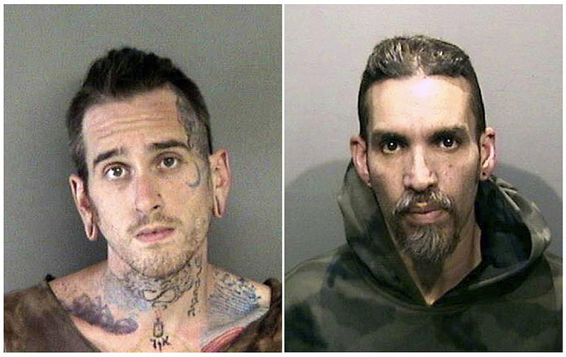 This combination of June 2017, file booking photos provided by the Alameda County Sheriff's Office shows Max Harris, left, and Derick Almena at Santa Rita Jail in Alameda County, Calif. A jury has decided the fate of two men charged with involuntary manslaughter after prosecutors say they turned a San Francisco Bay Area warehouse into a cluttered maze that trapped 36 partygoers during a fast-moving fire. The verdicts for Derick Almena and Max Harris will be announced Thursday, Sept. 5, 2019, after a three-month trial that drew family and friends of the victims to a packed courtroom, said Almena's attorney, Brian Getz. They face up to 39 years in prison if convicted. (Alameda County Sheriff's Office via AP, File)