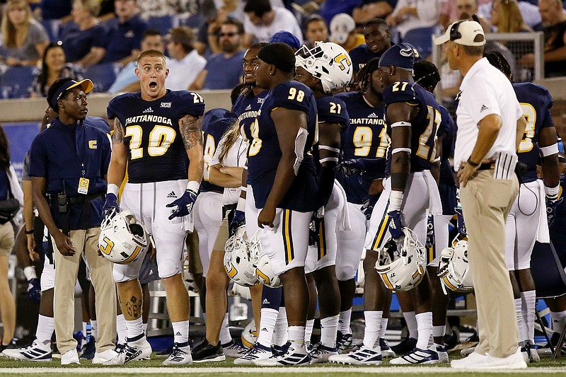 Staff photo by C.B. Schmelter / UTC linebacker Kayne Roberts (20) reacts during the Mocs' season opener against Eastern Illinois on Aug. 29 at Finley Stadium. UTC won 24-10, but on Saturday the Mocs will take on another Ohio Valley Conference team they're quite familiar with as they visit Jacksonville State.