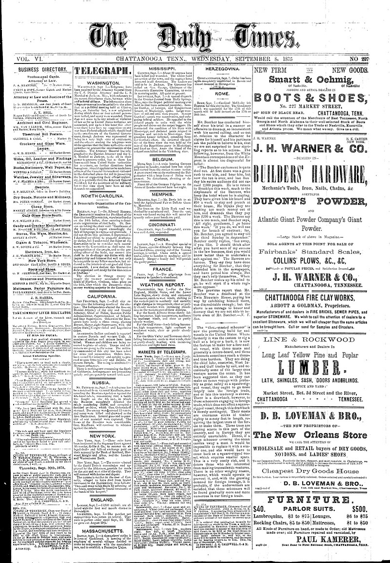 The first full edition of the Chattanooga Daily Times, published on Sept. 8, 1875, by Adolph Ochs, featured plenty of advertisements.