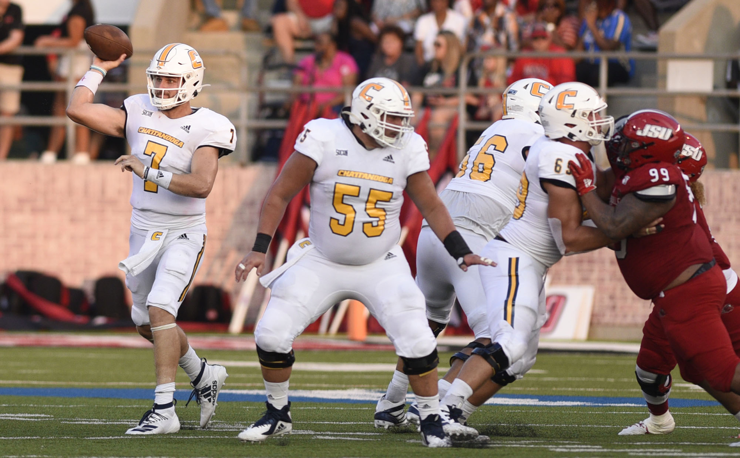 Staff Photo by Robin Rudd/ UTC's Nick Tiano (7) passes from behind protection. The University of Tennessee Chattanooga Mocs visited the Jacksonville State Gamecocks in NCAA football action on September 7, 2019.