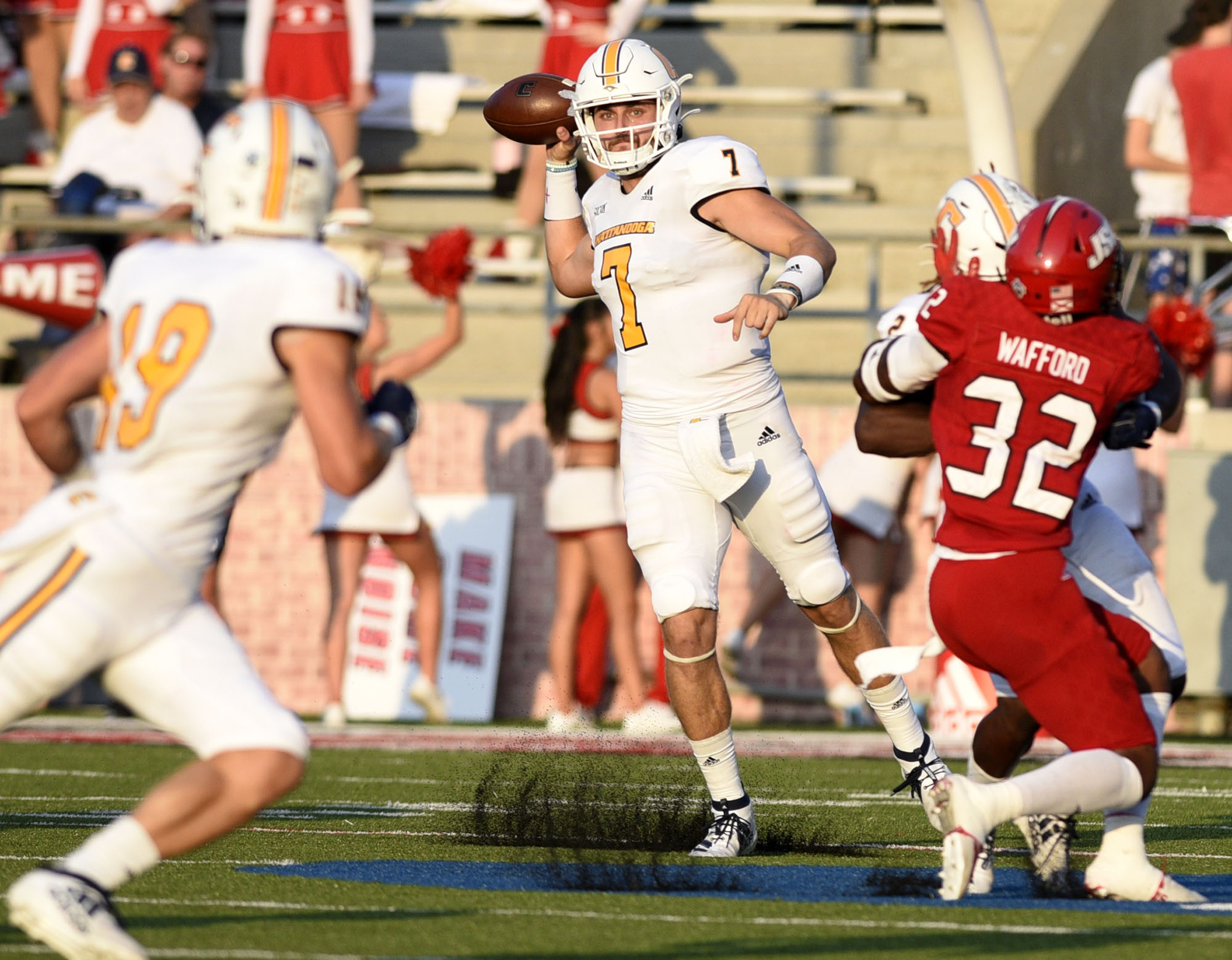 Staff Photo by Robin Rudd/ UTC quarterback Nick Tiano (7) looks to throw to Bryce Nunnelly (19). The University of Tennessee Chattanooga Mocs visited the Jacksonville State Gamecocks in NCAA football action on September 7, 2019.