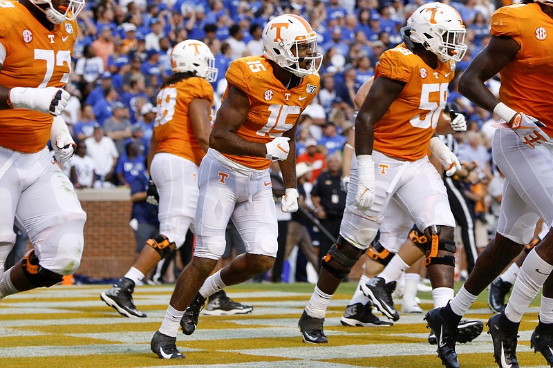 Staff photo by C.B. Schmelter / Tennessee wide receiver Jauan Jennings (15) celebrates his 5-yard touchdown catch against BYU during Saturday night's game at Neyland Stadium in Knoxville.