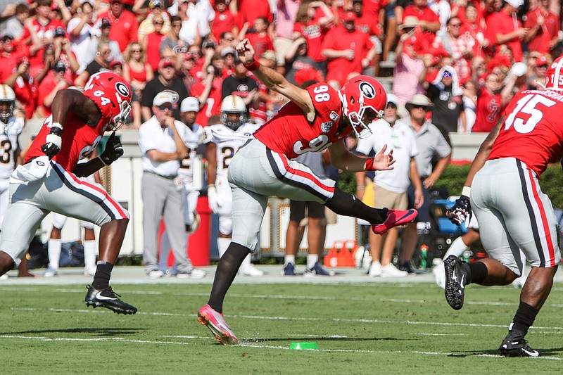 Georgia photo by Chamberlain Smith / Fifth-year senior kicker Rodrigo Blankenship and Georgia's kickoff coverage team are off to stellar starts this season.