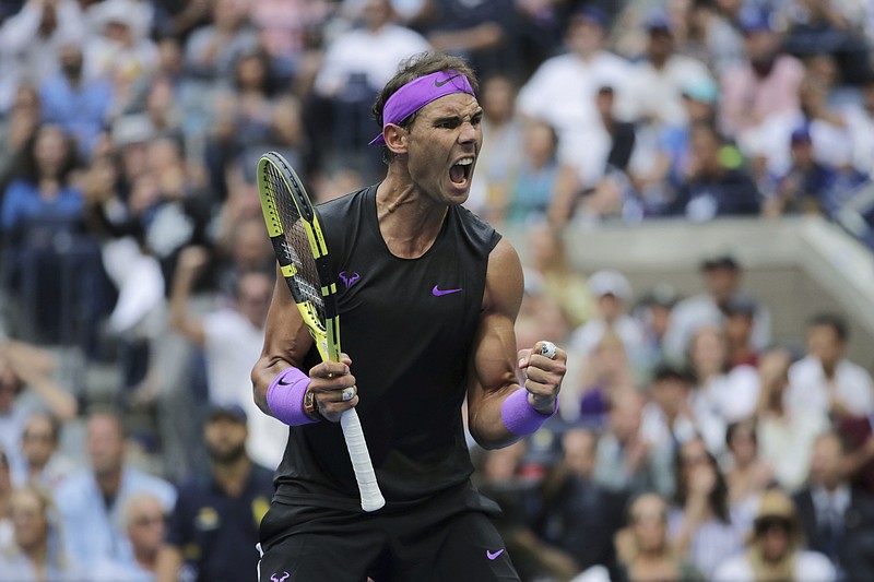 Associated Press photo by Charles Krupa / Rafael Nadal celebrates winning a point against Daniil Medvedev during their final Sunday at the U.S. Open. Nadal won the tournament for the fourth time and has 19 Grand Slam titles overall.