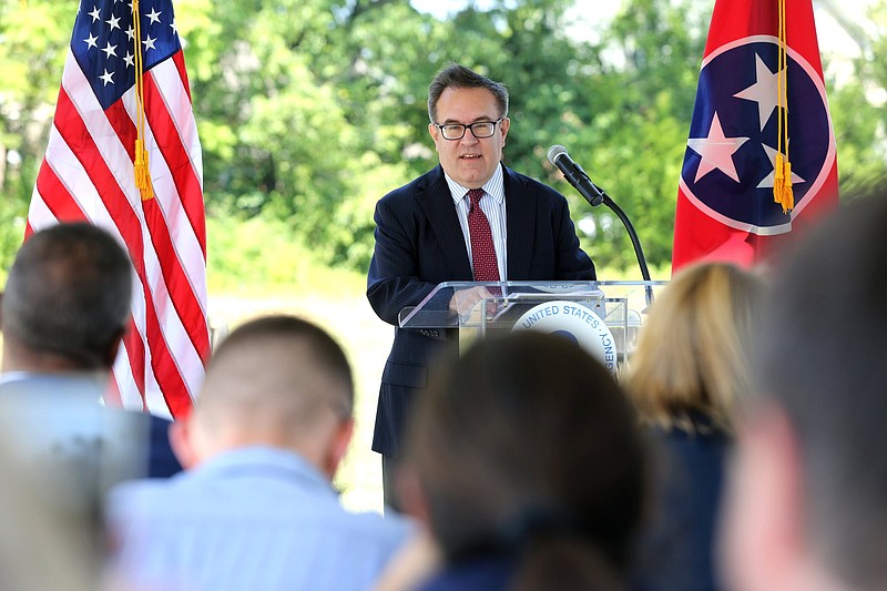 Staff photo by Erin O. Smith / EPA director Andrew Wheeler speaks about the release of the final report of the national Superfund Task Force Monday, September 9, 2019 at Southside Community Park in Chattanooga, Tennessee. According to Wheeler, the Southside Chattanooga Lead Site serves as a success story for the Superfund program. The site was added to the National Priorities List a year ago, which opened up additional funding opportunities and allowed the Environmental Protection Agency to replace the lead-tainted soil.
