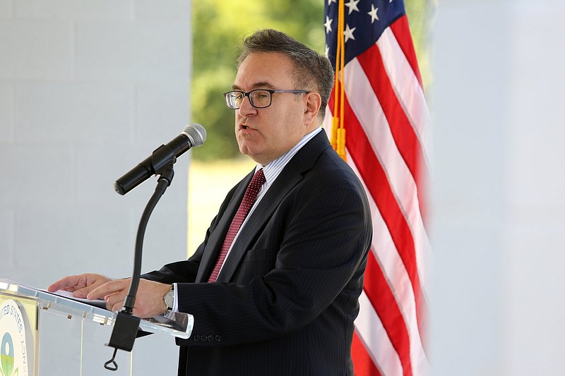 Staff photo by Erin O. Smith / EPA director Andrew Wheeler speaks about the release of the final report of the national Superfund Task Force Monday, Sept. 9, 2019 at Southside Community Park in Chattanooga, Tennessee. According to Wheeler, the Southside Chattanooga Lead Site serves as a success story for the Superfund program. The site was added to the National Priorities List a year ago, which opened up additional funding opportunities and allowed the Environmental Protection Agency to replace the lead-tainted soil.