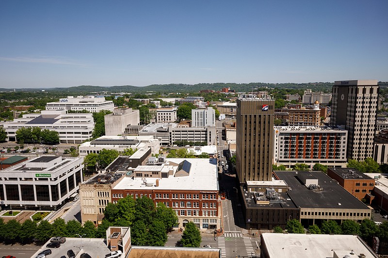 Staff photo by Doug Strickland / Buildings inside a proposed Business Improvement District are seen on Tuesday, April 16, 2019, in Chattanooga, Tenn. The proposed district would encompass downtown Chattanooga from the Riverfront to 11th Street and from U.S. Highway 27 to different areas bordered by Cherry Street, Lindsay Street and Georgia Avenue.