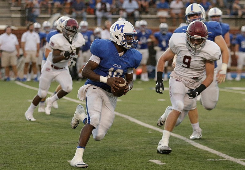 McCallie's DeAngelo Hardy (10) carries during the Blue Tornadoes' home football game against MBA at McCallie School on Friday, Aug. 31, 2018, in Chattanooga, Tenn. 