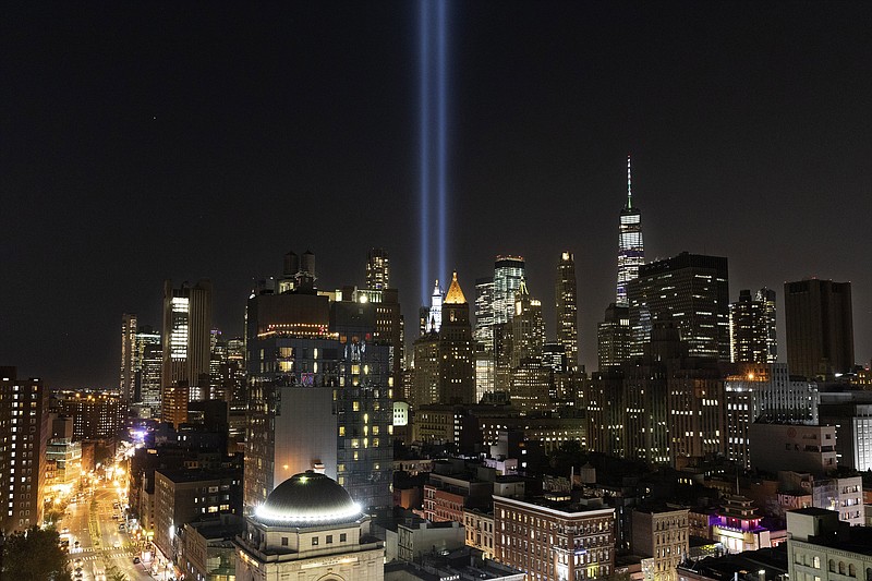 The Tribute in Light rises above the lower Manhattan skyline, Tuesday, Sept. 10, 2019 in New York. Wednesday marks the 18th anniversary of the terror attacks against the United States of Sept. 11, 2001. (AP Photo/Mark Lennihan)