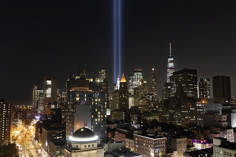 The Tribute in Light rises above the lower Manhattan skyline, Tuesday, Sept. 10, 2019 in New York. Wednesday marks the 18th anniversary of the terror attacks  against the United States of Sept. 11, 2001. (AP Photo/Mark Lennihan)