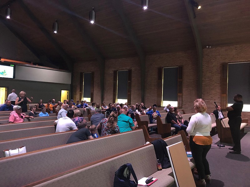 Catoosa County residents gather at Ringgold United Methodist Church at the first of three town hall meetings hosted by Healthy Foundations about a proposed mental health facility in Tunnel Hill, Georgia. / Staff photo by Patrick Filbin