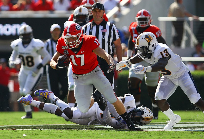 Georgia photo by Tony Walsh / Georgia fifth-year senior tight end Eli Wolf, a graduate transfer from Tennessee, had four first-half catches for 73 yards during last Saturday's 63-17 drubbing of Murray State.