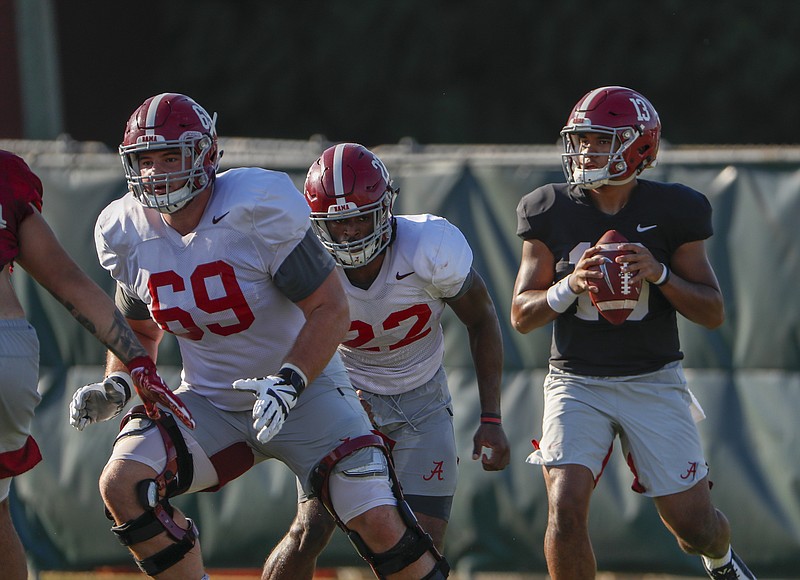 Alabama photo by Kent Gidley / Florida State graduate transfer Landon Dickerson (69) has started at right guard and at center through Alabama's first two games.