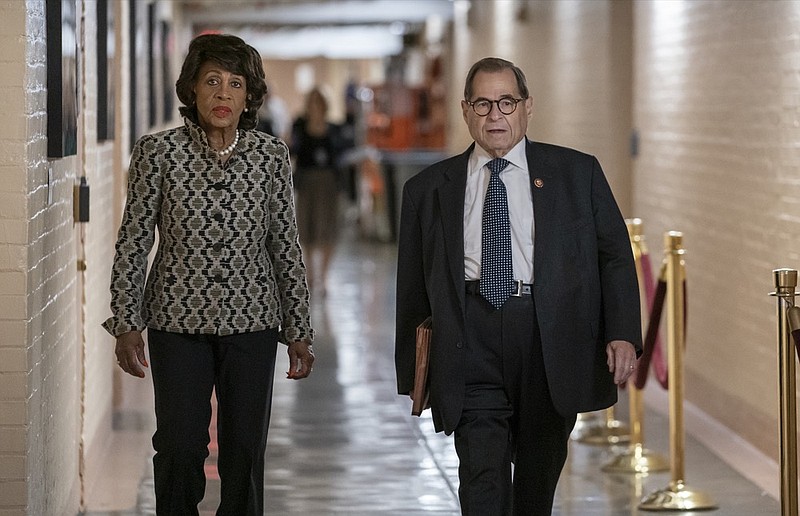 House Financial Services Committee Chairwoman Maxine Waters, D-Calif., left, and House Judiciary Committee Chairman Jerrold Nadler, D-N.Y., arrive for a gathering of the Democratic Caucus as Congress returns for the fall session, at the Capitol in Washington, Tuesday, Sept. 10, 2019. Nadler says his committee will move forward with impeachment hearings this fall, bolstered by lawmakers on the panel who roundly support moving forward. (AP Photo/J. Scott Applewhite)


