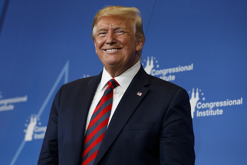President Donald Trump pauses as he speaks at the 2019 House Republican Conference Member Retreat Dinner in Baltimore, Thursday, Sept. 12, 2019. (AP Photo/Carolyn Kaster)