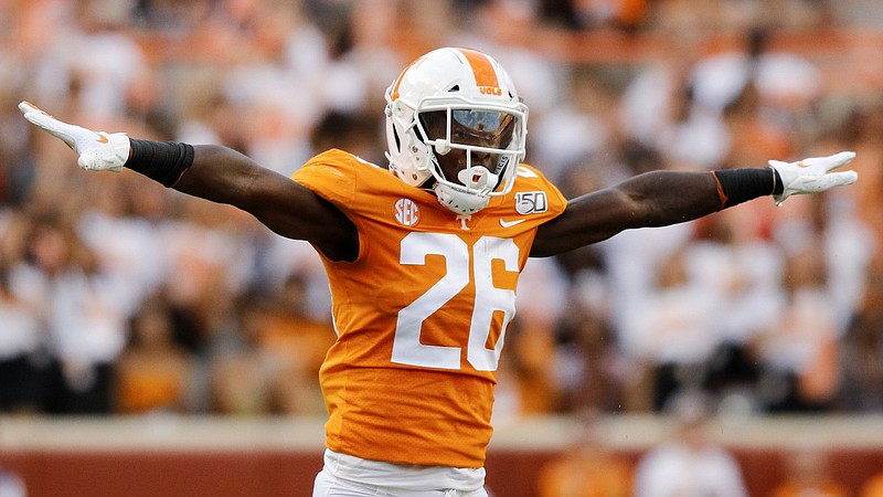 Staff photo by C.B. Schmelter / Tennessee defensive back Theo Jackson celebrates a big play against BYU last Saturday night at Neyland Stadium. The Vols (0-2) host UTC (1-1) at noon Saturday.