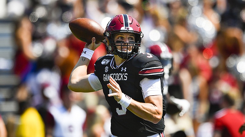 Associated Press photo by John Amis / South Carolina quarterback Ryan Hilinski drops back to pass during the Gamecocks' home game against Charleston Southern last Saturday.