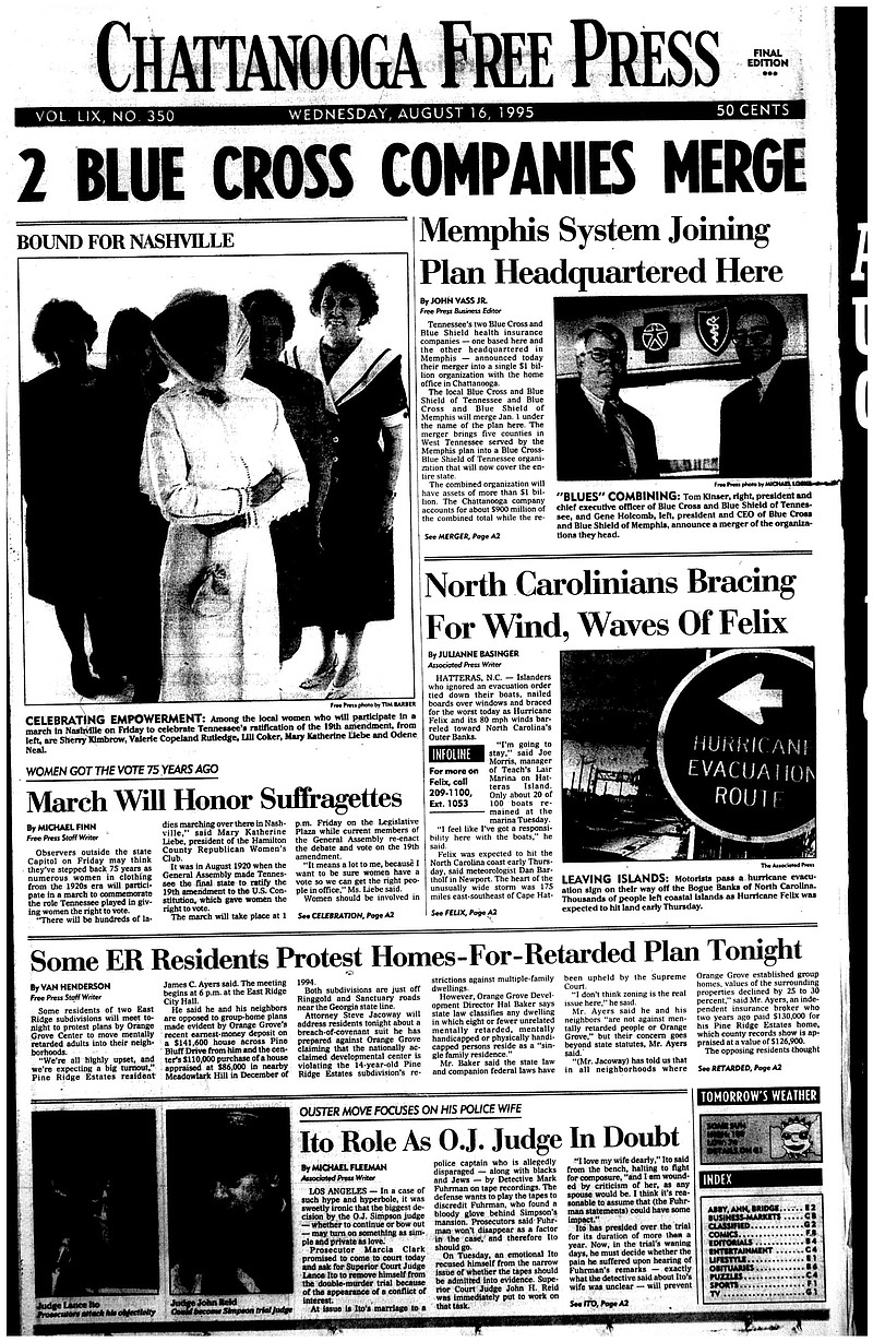 The front page of the Aug. 16, 1995, edition of the Chattanooga Free Press reported on the merger of Tennessee's two BlueCross BlueShield companies, in Chattanooga and Memphis, forming a $1 billion company to be based in Chattanooga.