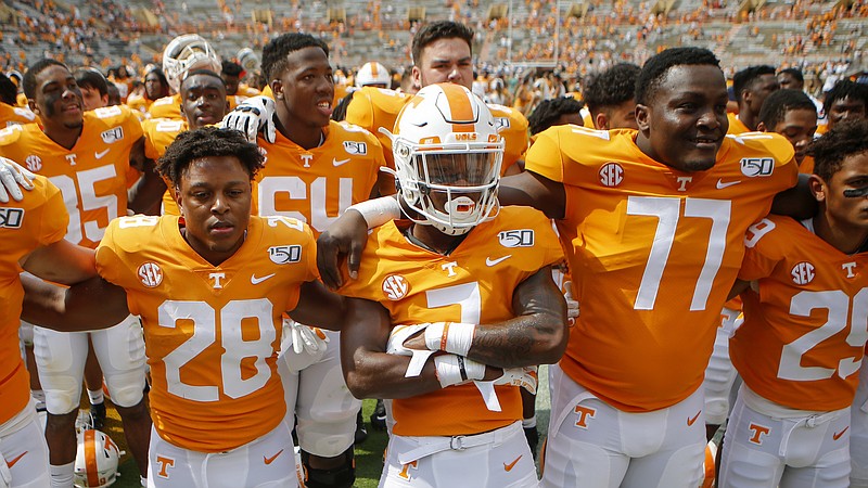 Staff photo by C.B. Schmelter / Tennessee defensive back Romello Edwards (7) and his teammates celebrate after the Vols beat UTC 45-0 on Saturday in Knoxville.