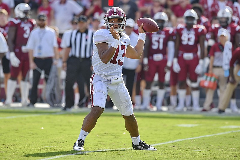 Associated Press photo by Richard Shiro / Alabama quarterback Tua Tagovailoa prepares to pass during the first half of Saturday's game at South Carolina.