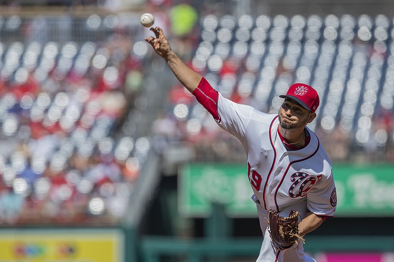 Associated Press photo by Manuel Balce Ceneta / Washington Nationals starter Anibal Sanchez delivers to the plate against an Atlanta Braves batter on Sunday.