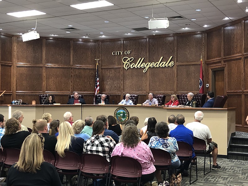 Collegedale City Commissioners, Mayor Katie Lamb and City Manager Ted Rogers hear from citizens on Sept. 16, 2019, after recent shakeups at the city's police department amid a Tennessee Bureau of Investigation probe into an alleged quota system.