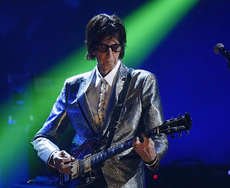 In this April 14, 2018, file photo, Ric Ocasek, from the Cars, performs during the Rock and Roll Hall of Fame Induction ceremony in Cleveland. Ocasek, famed frontman for The Cars rock band, has been found dead in a New York City apartment. The New York City police department said officers responding to a 911 call found the 75-year-old Ocasek on Sunday, Sept. 15, 2019. (AP Photo/David Richard, File)