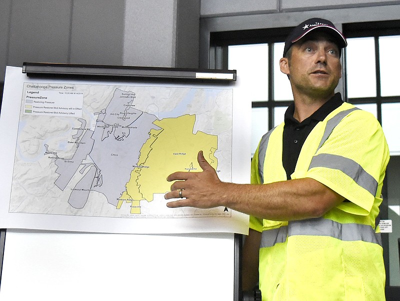 Staff Photo by Robin Rudd/ Tennessee American Water  Director of Operations Kevin Kruchinski using a map to explain the status of water service in the Chattanooga area. The news conference was held at the Emergency Operations Center on Amnicola Highway on Sept. 14, 2019.