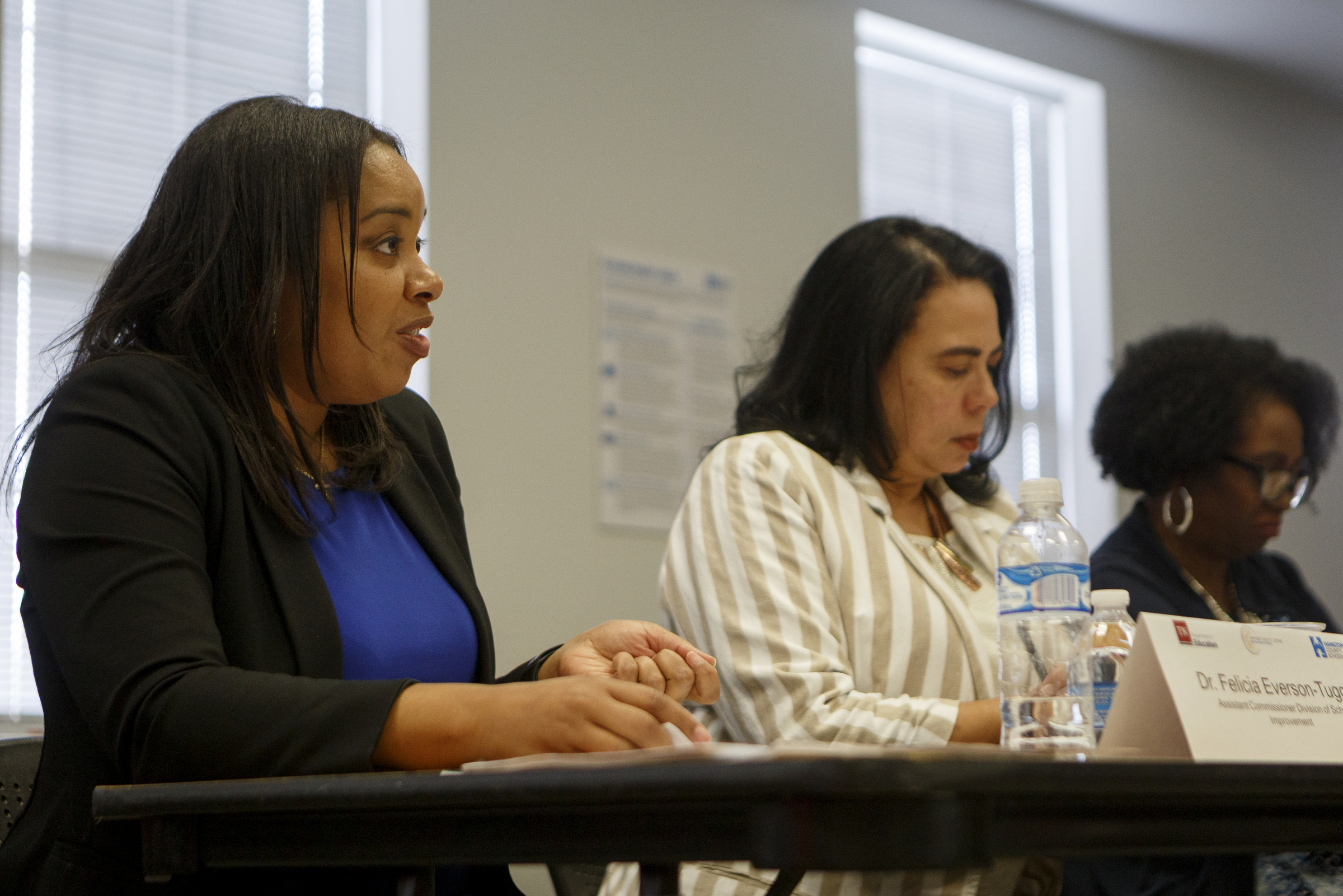 Staff photo by C.B. Schmelter / Division of School Improvement Assistant Commissioner Felicia Everson-Tuggle, left, speaks during a Partnership Network Advisory board meeting at the Hamilton County Department of Education board room on Tuesday, Sept. 17, 2019 in Chattanooga, Tenn.