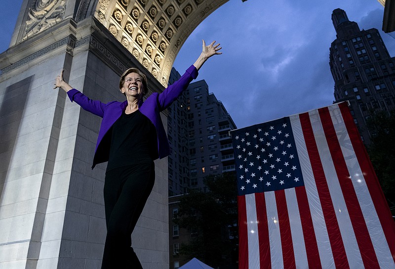 Democratic presidential candidate U.S. Sen. Elizabeth Warren takes the stage before addressing supporters at a rally, Monday, Sept. 16, 2019, in New York. (AP Photo/Craig Ruttle)