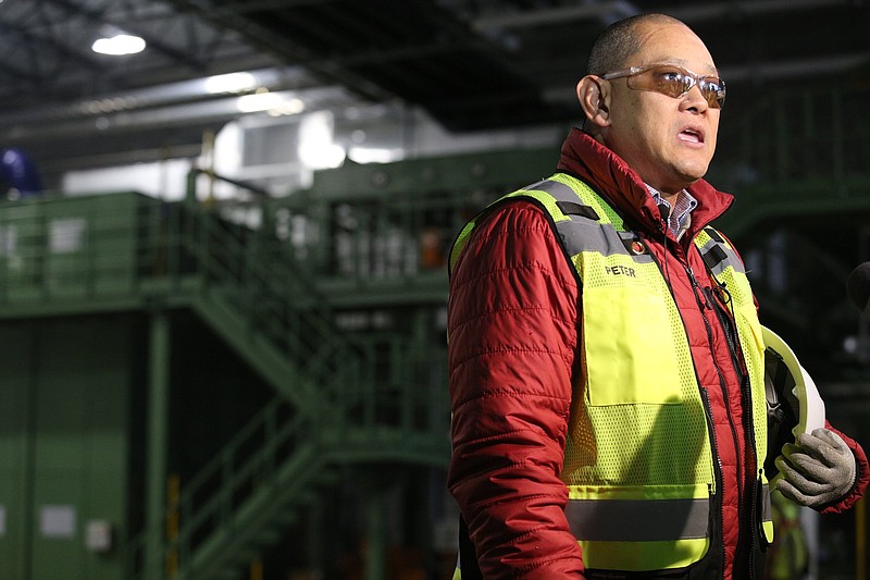 Staff file photo by Erin O. Smith / Peter Chia, operations director at Nokian Tyres, talks about progress at the tire production plant in Dayton, Tennessee. Plans are to ramp up production in early 2020.