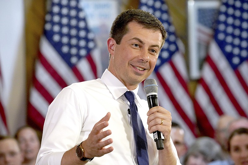 In this Aug. 23, 2019, file photo, Democratic presidential candidate South Bend Mayor Pete Buttigieg speaks during a Veteran's and Mental Health Town Hall event at an American Legion Hall, in Manchester, N.H. Buttigieg is unveiling a community-focused approach to disaster relief in a South Carolina city hit hard by last year's Hurricane Florence. AP Photo/Mary Schwalm, File)