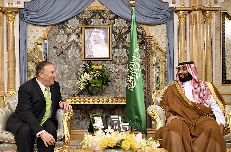 U.S. Secretary of State Mike Pompeo, left, meets with Saudi Arabia's Crown Prince Mohammed bin Salman in Jeddah, Saudi Arabia, on Wednesday, Sept 18, 2019. (Mandel Ngan/Pool Photo via AP)