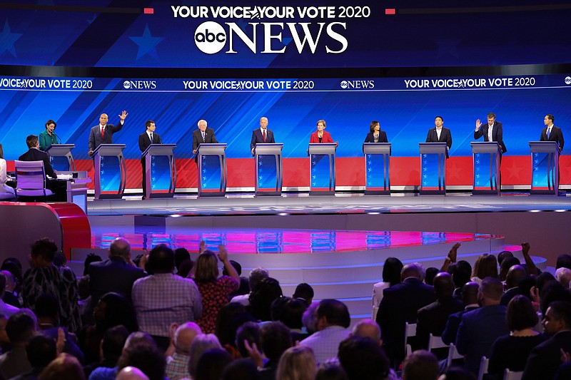 Photo by Ruth Fremson of The New York Times/Candidates for the Democratic nomination for president debate at Texas Southern University in Houston on Sept. 12. From left: Sen. Amy Klobuchar, D-Minnesota; Sen. Cory Booker, D-New Jersey; Mayor Pete Buttigieg of South Bend, Indiana; Sen. Bernie Sanders, I-Vermont; former Vice President Joe Biden; Sen. Elizabeth Warren, D-Massachusetts; Sen. Kamala Harris, D-California; the entrepreneur Andrew Yang; former Rep. Beto O'Rourke of Texas; and former Housing Secretary Julian Castro.