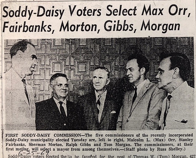 A Chattanooga News-Free Press photograph shows the first commissioners elected to serve the new incorporated city of Soddy-Daisy: from left, Malcolm "Max" Orr, Stanley Fairbanks, Sherman Morton, Ralph Gibbs and Tom Morgan.