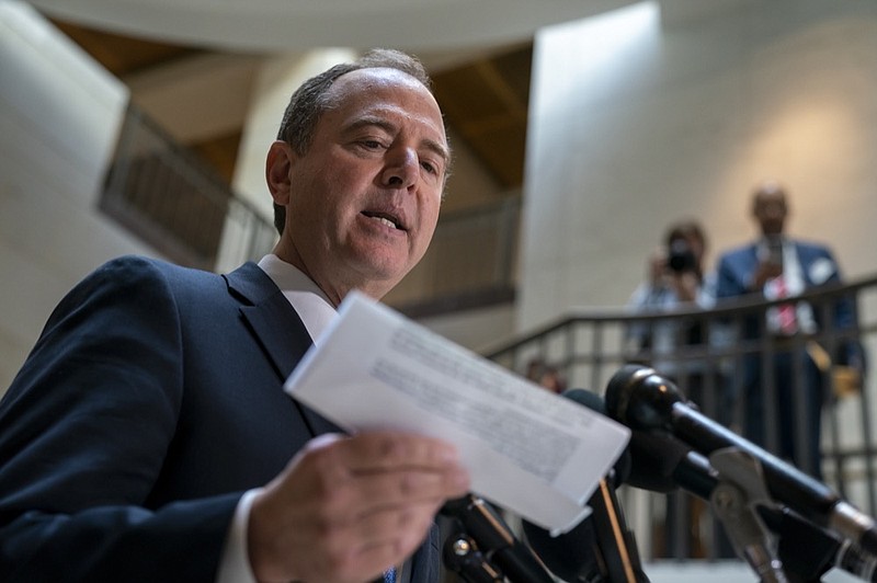 House Intelligence Committee Chairman Adam Schiff, D-Calif., speaks to reporters after the panel met behind closed doors with national intelligence inspector general Michael Atkinson about a whistleblower complaint, at the Capitol in Washington, Thursday, Sept. 19, 2019. (AP Photo/J. Scott Applewhite)


