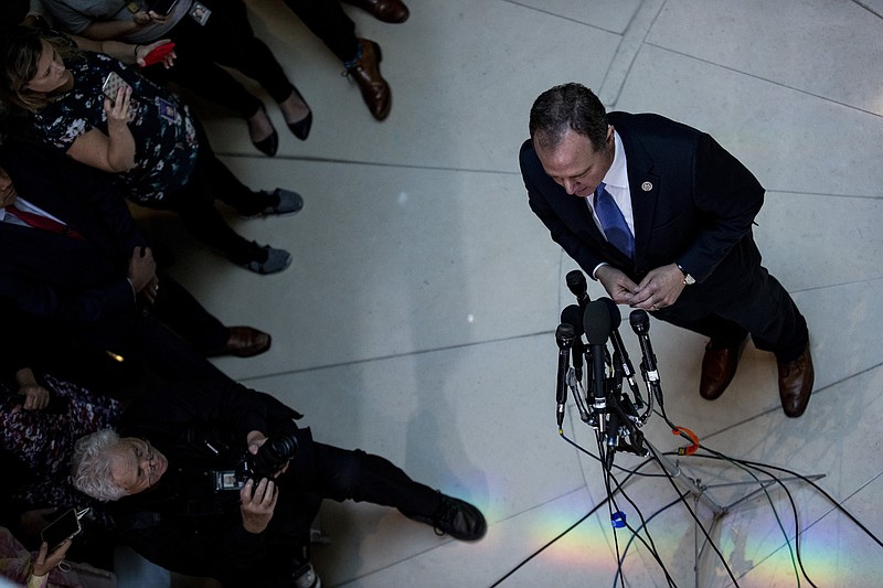 New York Times / Rep. Adam Schiff, D-California, chairman of the Intelligence Committee, speaks to reporters after a closed-door briefing on a potentially explosive whistle-blower compaint said to involve a discussion between President Donald Trump and a foreign leader.